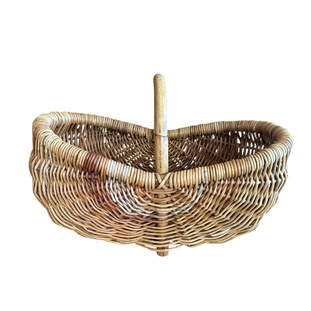 Vintage French Woven Gathering Basket 1960s Bamboo Handle Cottagecore 20